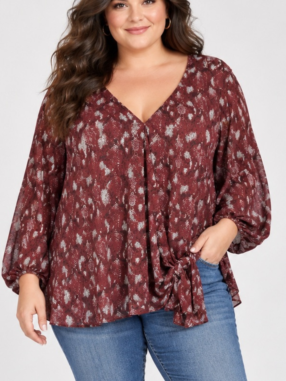 West Kei Faux Wrap Top Plus Size 3X Burgundy Black Snake Print Side Tie Chiffon